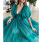 Women's Puffy Sleeve Prom Dresses Tulle V Neck Tea Length Formal Evening Gowns