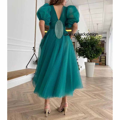 Women's Puffy Sleeve Prom Dresses Tulle V Neck Tea Length Formal Evening Gowns