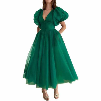 Women's Puffy Sleeve Prom Dresses Tulle V Neck Tea Length Formal Evening Gowns