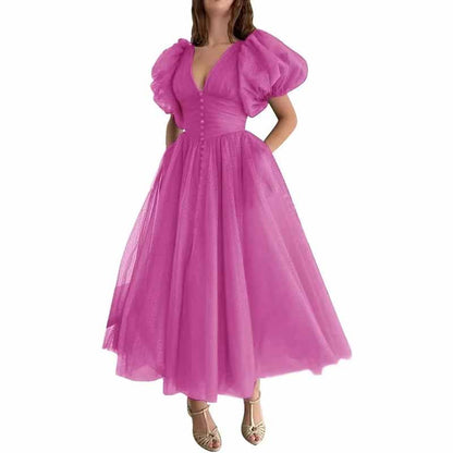 Women's Puffy Sleeve Prom Dresses Tulle V Neck Tea Length Formal Evening Gowns