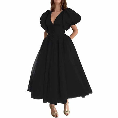 Women's Puffy Sleeve Prom Dresses Tulle V Neck Tea Length Formal Evening Gowns