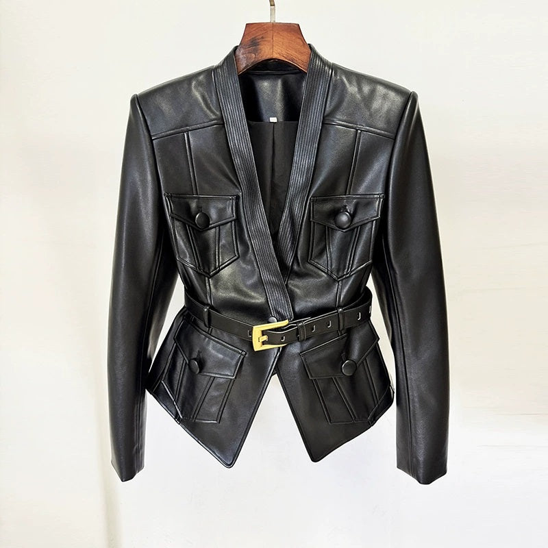 Belted Faux Leather 1-Button Jacket Black