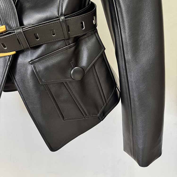 Belted Faux Leather 1-Button Jacket Black