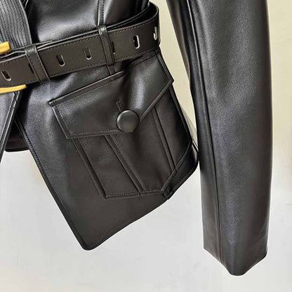 Belted Faux Leather 1-Button Jacket Black