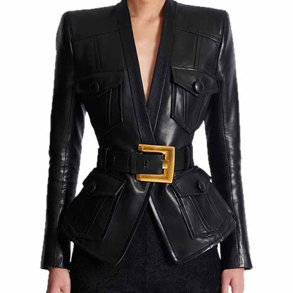 Belted Faux Leather 1-Button Jacket Black