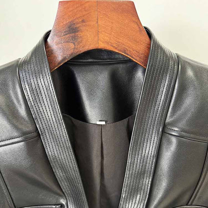 Belted Faux Leather 1-Button Jacket Black