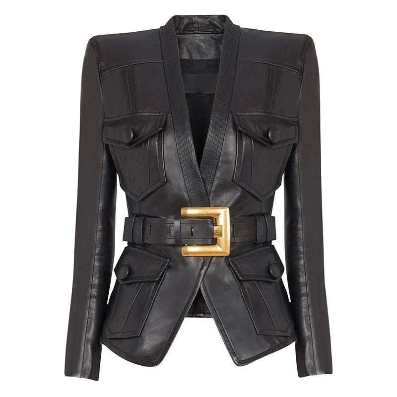 Belted Faux Leather 1-Button Jacket Black