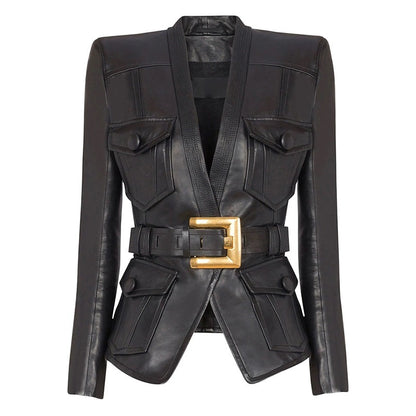 Belted Faux Leather 1-Button Jacket Black