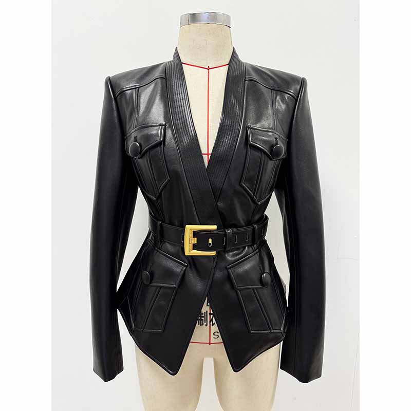 Belted Faux Leather 1-Button Jacket Black