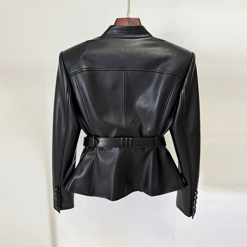 Belted Faux Leather 1-Button Jacket Black