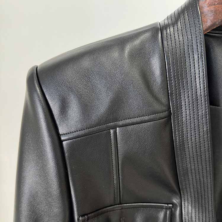 Belted Faux Leather 1-Button Jacket Black