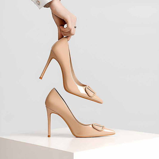 Buckle Pointed Toe Patent Leather Stiletto Heels for Weddings & Banquets