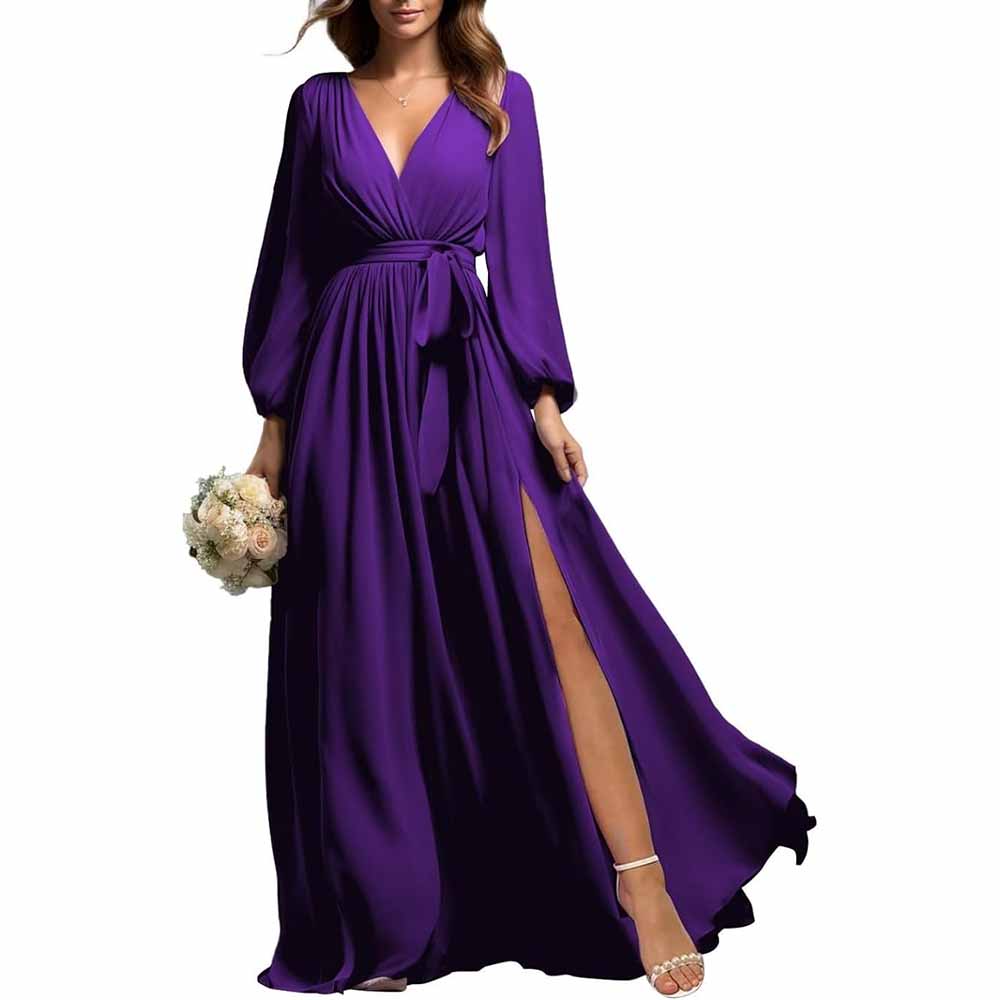 Purple long sleeve chiffon bridesmaid dress with wrap waist and thigh-high slit by sd-hk