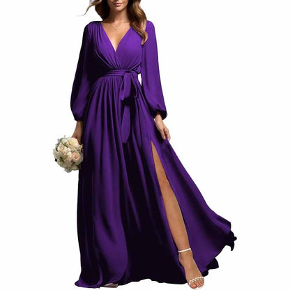 Purple long sleeve chiffon bridesmaid dress with wrap waist and thigh-high slit by sd-hk