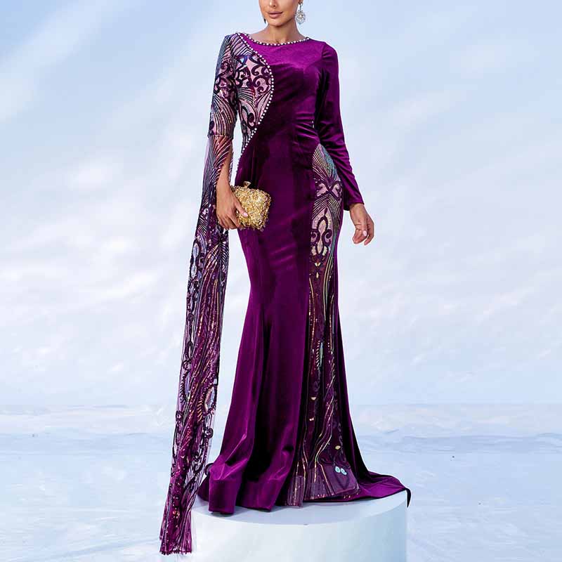 Single Cape Sleeves Velvet Evening Dress Long Prom Dress Event Dress