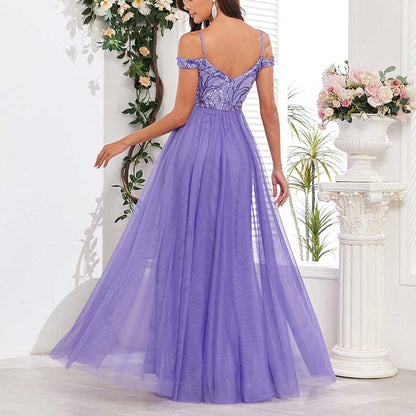Purple Long Prom Dress Off The Shoulder Tulle A Line Sequin Bridesmaid Dress