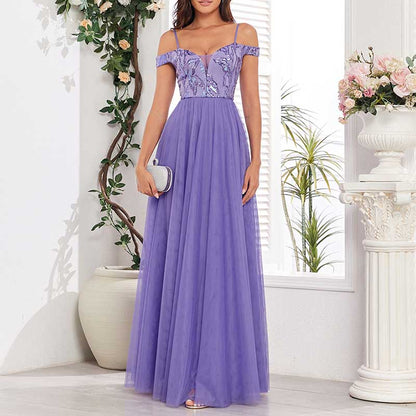 Purple Long Prom Dress Off The Shoulder Tulle A Line Sequin Bridesmaid Dress