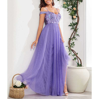 Purple Long Prom Dress Off The Shoulder Tulle A Line Sequin Bridesmaid Dress