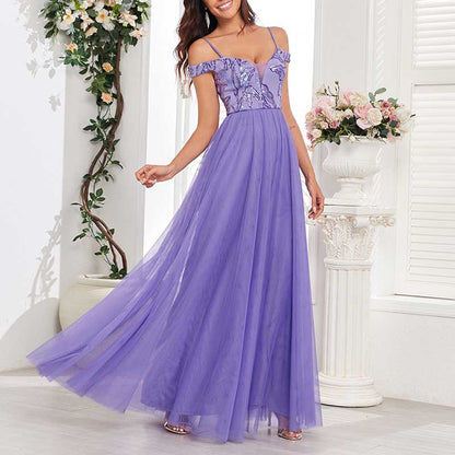 Purple Long Prom Dress Off The Shoulder Tulle A Line Sequin Bridesmaid Dress