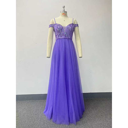Purple Long Prom Dress Off The Shoulder Tulle A Line Sequin Bridesmaid Dress