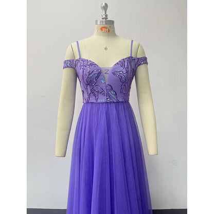Purple Long Prom Dress Off The Shoulder Tulle A Line Sequin Bridesmaid Dress