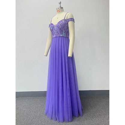 Purple Long Prom Dress Off The Shoulder Tulle A Line Sequin Bridesmaid Dress