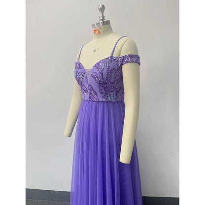 Purple Long Prom Dress Off The Shoulder Tulle A Line Sequin Bridesmaid Dress