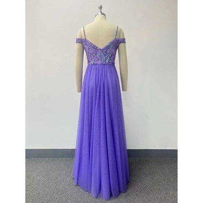 Purple Long Prom Dress Off The Shoulder Tulle A Line Sequin Bridesmaid Dress