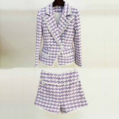 Women's Purple & White Tweed Houndstooth Luxury Fitted Double Breasted Blazer with Lion Buttons