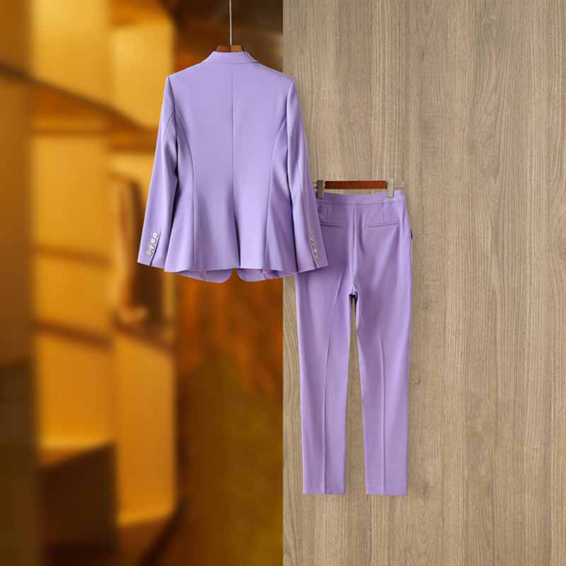Women Lavender Pantsuit Fitted Blazer + Mid-High Rise Trousers Pantsuit Suit Office Wear