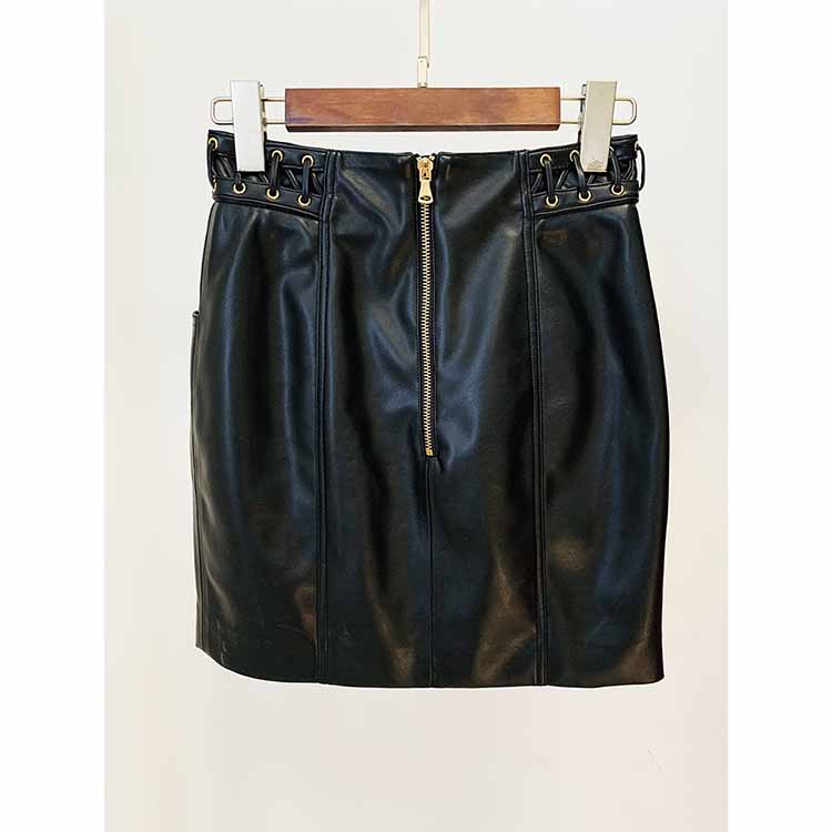 Women's Fitted Faux Leather Golden Golden Buttons Straps Short Crop Jacket + Mini Skirt Suit Black