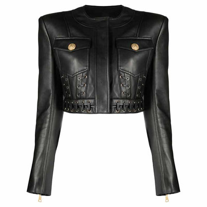 Women's Fitted Faux Leather Golden Golden Buttons Straps Short Crop Jacket + Mini Skirt Suit Black