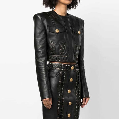 Women's Fitted Faux Leather Golden Golden Buttons Straps Short Crop Jacket + Mini Skirt Suit Black