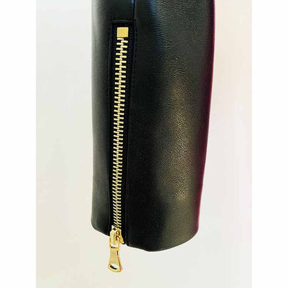 Women's Fitted Faux Leather Golden Golden Buttons Straps Short Crop Jacket + Mini Skirt Suit Black