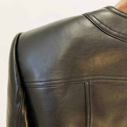 Women's Fitted Faux Leather Golden Golden Buttons Straps Short Crop Jacket + Mini Skirt Suit Black