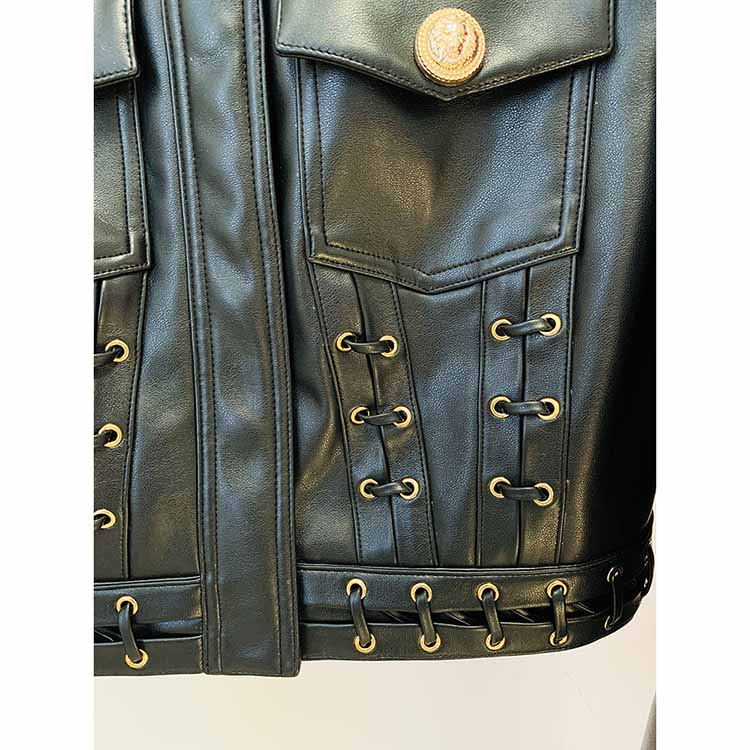 Women's Fitted Faux Leather Golden Golden Buttons Straps Short Crop Jacket + Mini Skirt Suit Black
