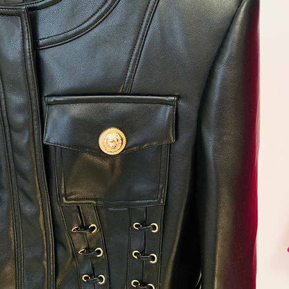 Women's Fitted Faux Leather Golden Golden Buttons Straps Short Crop Jacket + Mini Skirt Suit Black