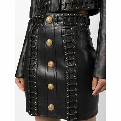 Women's Fitted Faux Leather Golden Golden Buttons Straps Short Crop Jacket + Mini Skirt Suit Black