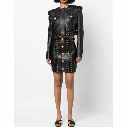 Women's Fitted Faux Leather Golden Golden Buttons Straps Short Crop Jacket + Mini Skirt Suit Black