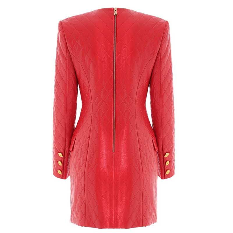 Back view of a red faux leather mini dress with quilted design and gold button accents
