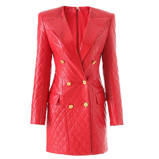 Red faux leather mini dress with a quilted design and double-breasted gold button closure