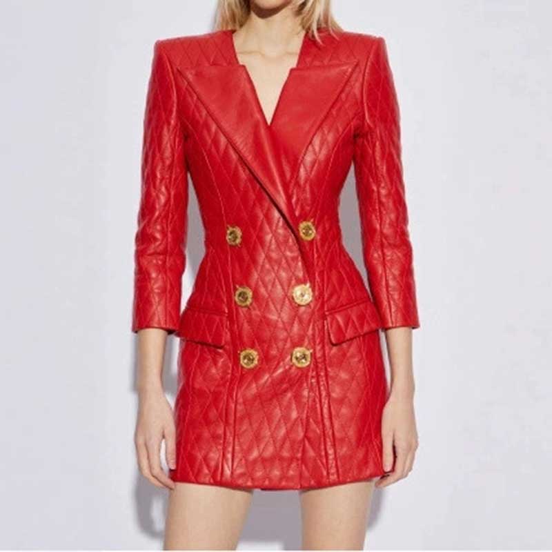 Stylish red faux leather mini dress with quilted texture and double-breasted buttons