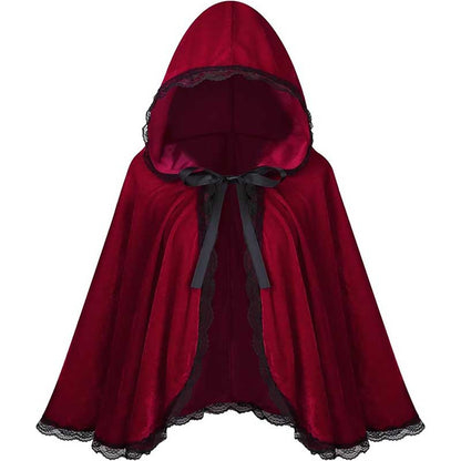 S&DCo. red hooded costume cape for women with elegant lace trim and ribbon tie detail