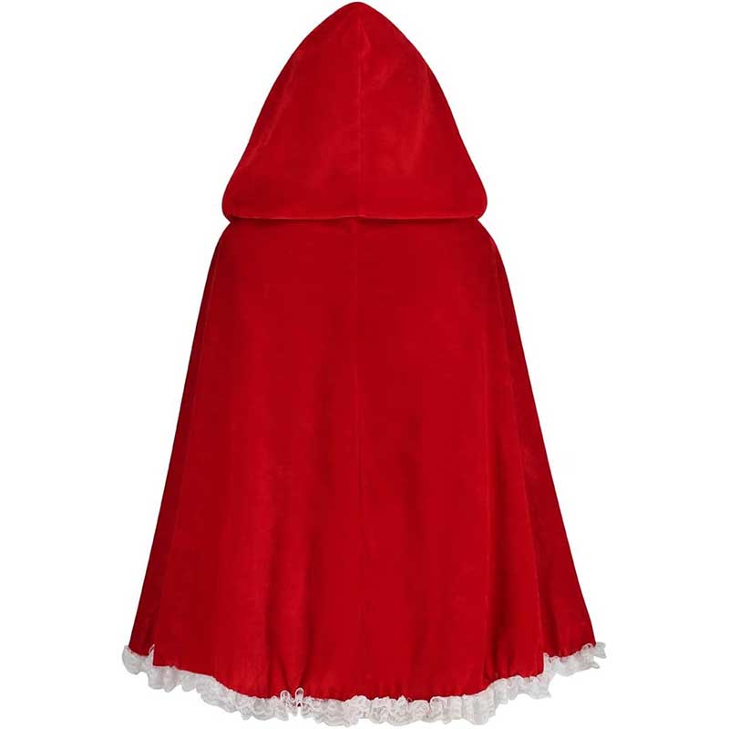 Elegant red hooded costume cape for women with a soft fabric and lace trim for a medieval look