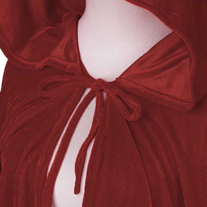 Close-up of a red hooded costume cape for women featuring a stylish tie detail and luxurious fabric
