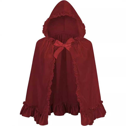 Elegant red hooded costume cape for women with frills and a bow tie detail