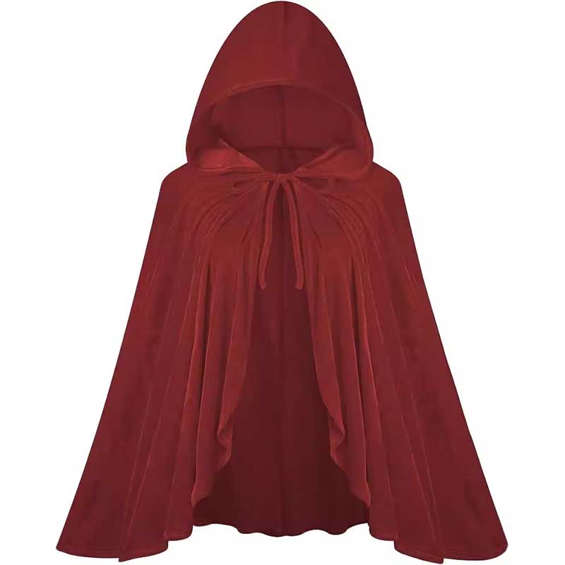 S&DCo. red hooded costume cape for women featuring a flowing design and adjustable ties