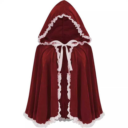 Red hooded costume cape for women with lace trim and a tied front for medieval style outfits