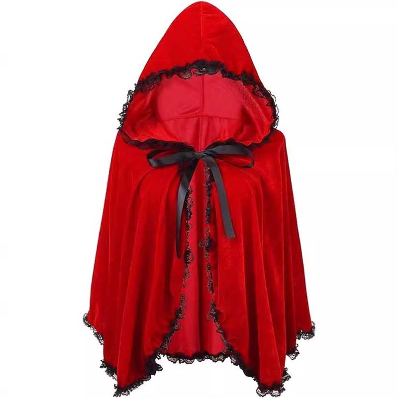 S&DCo. red hooded costume cape for women with lace trim and ribbon tie for striking medieval look