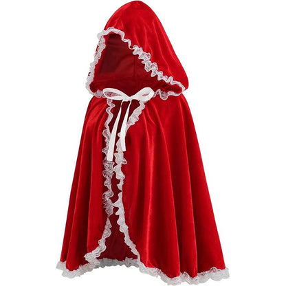 S&DCo. red hooded costume cape for women with white lace trim for a charming medieval look